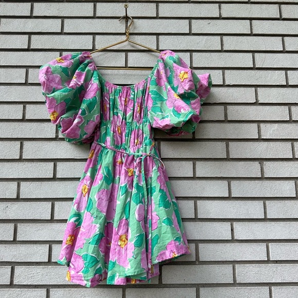 &merci Bubble Puff Sleeve Pink Green Floral Floral Flare Mini Dress - Picture 5 of 14